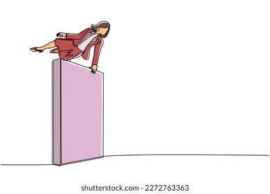 Single one line drawing businesswoman jumps over wall, outside comfort zone to get new experience, fun and excited. Life begins when trying different things. Continuous line draw design graphic vector