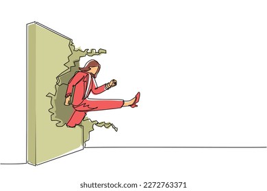 Single one line drawing businesswoman run and breaking through brick wall. Leadership concept. Business concept of obstacle and solution. Modern continuous line draw design graphic vector illustration