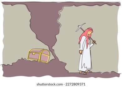 Single one line drawing businesswoman give up before reach money and treasures. Worker gives up digging not knowing treasure chest is almost revealed. Modern continuous line draw design graphic vector