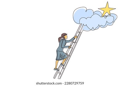 Single one line drawing businesswoman climbing ladder to reach out for stars  Businesswoman climbing to goal  Motivation to be success  winner  finish  win  Continuous line draw design graphic vector