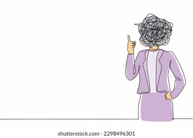 Single one line drawing businesswoman with round scribbles instead of a head. Female manager representing idea, solution. Gesturing or showing index finger. Continuous line draw design graphic vector