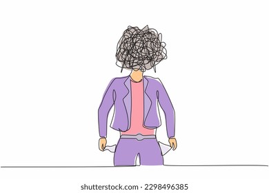 Single one line drawing businesswoman with round scribbles instead of a head. Worker with pockets turned outward, having no money. Broke person. Continuous line draw design graphic vector illustration