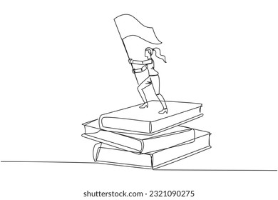 Single one line drawing of businesswoman standing on stacks of giant books raising flag. Reading improves her skills in business world to become a successful entrepreneur. Continuous line design