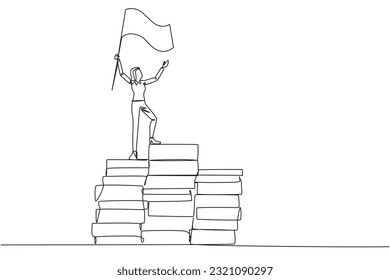 Single one line drawing of businesswoman standing on piles of paper document raising flag. Create business plan with lots of data. Winner even though there is a lot of work. Continuous line design
