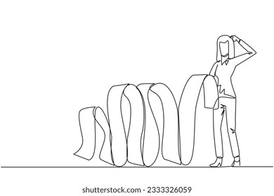 Single one line drawing of businesswoman holding a long billing paper dangling all the way to the floor, one of his hands scratching his head. Confused how to pay the bill. Continuous line graphic