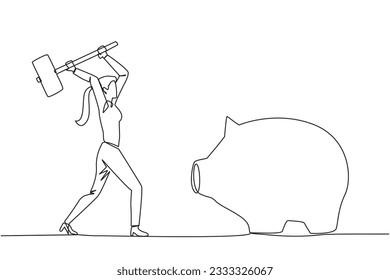 Single one line drawing businesswoman hits big piggy bank with big hammer. Responsible for paying off all bills by taking savings. Struggle for business. Continuous line design graphic illustration