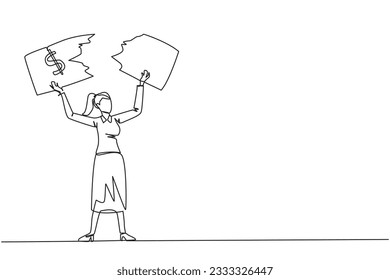 Single one line drawing businesswoman stood up and tore off banknotes held above her head. Failed to invest, suffered a lot of losses. Business failure. Continuous line design graphic illustration