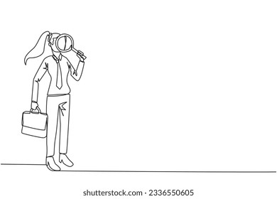 Single one line drawing of businesswoman stood holding magnifier and the other holding briefcase. Look for the smallest possible opportunities for profit that can be exploited. Continuous line design