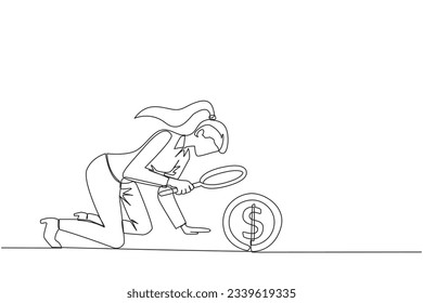 Single one line drawing of businesswoman holding magnifying glass highlights a coin dollar symbol. Collecting every coin from profits is valuable. Benefit. Continuous line design graphic illustration