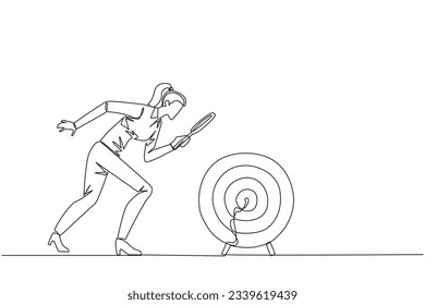 Single one line drawing of businesswoman holds magnifying glass look at target arrow board. Businesswoman who looking for ways to focus on growing business. Continuous line design graphic illustration