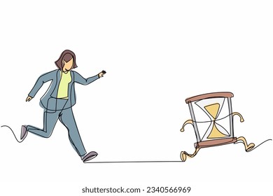 Single one line drawing businesswoman run chasing try to catch hourglass. Concept of stress, angry, burnout, deadlines, depression. Business metaphor. Continuous line draw design vector illustration