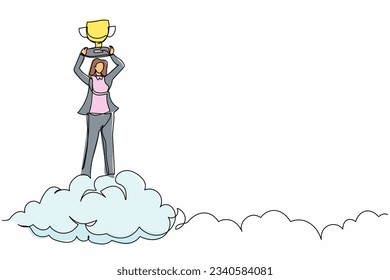 Single one line drawing businesswoman holding trophy in cloud. Celebrating victory in sky. Business success goal achievement. Winning award competition. Continuous line draw design vector illustration