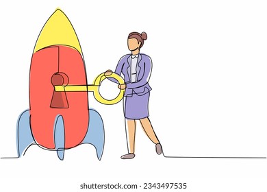 Single one line drawing businesswoman put key into rocket. Restart business project. Unlock or launch new business idea. Web development. Modern continuous line draw design graphic vector illustration