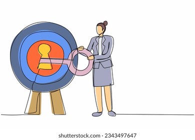 Single one line drawing businesswoman put key into bullseye target. Accuracy and unlock business success. Career or goal. Secret for success in work. Continuous line design graphic vector illustration