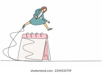 Single one line drawing businesswoman jumping over big calendar. Female worker setting appointment reminder. Manager planning month work in desk calendar. Continuous line design vector illustration