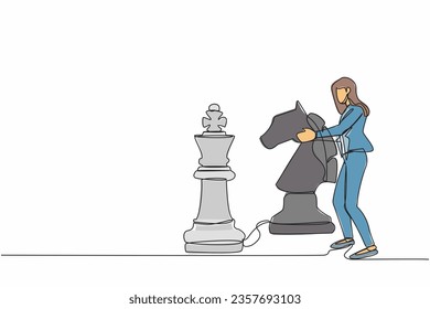 Single one line drawing businesswoman holding horse chess piece to beat king chess. Business development strategy, winning competition, tactics in game. Continuous line draw design vector illustration