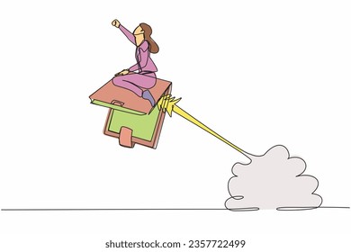 Single one line drawing businesswoman riding wallet rocket flying in the sky. Launch new digital wallet startup. Business financial activities. Continuous line draw design graphic vector illustration