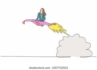 Single one line drawing businesswoman riding magic carpet rocket flying in the sky. Launch new textile business. Acceleration or increase sales growth. Continuous line draw design vector illustration