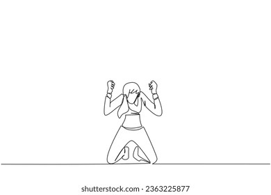 Single one line drawing businesswoman kneeling like praying. Lost hope. Businesses will bankrupt if fail to get bona fide clients. Gesture of surrender. Continuous line design graphic illustration