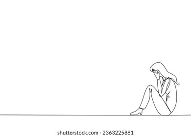 Single one line drawing businesswoman sitting while covering face. A sad businesswoman bemoans the fate of business. Failure to develop business unit. Continuous line design graphic illustration