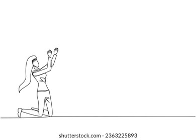 Single one line drawing businesswoman kneeling raising hands to pray. Praying to make it easier to do business. Businesswoman lost hope. Surrender. Sadness. Continuous line design graphic illustration