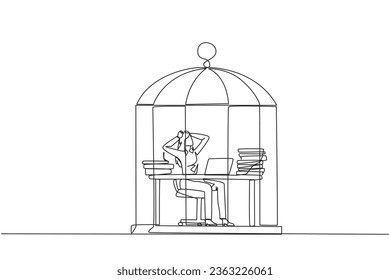 Single one line drawing businesswoman trapped in cage sitting on office chair holding head. Being in routine trap. Tired and irritated with the daily grind. Continuous line design graphic illustration