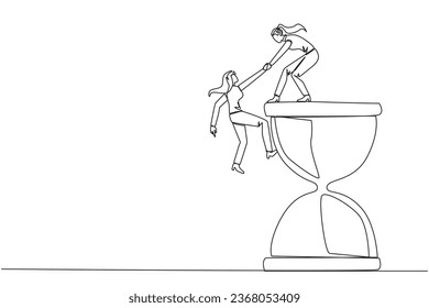Single one line drawing businesswoman helps colleague climb the large hourglass. Have many assignment deadlines. Sharing with colleagues will become easier. Continuous line design graphic illustration