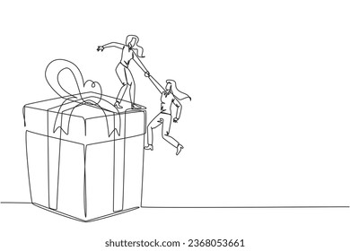 Single one line drawing businesswoman helps colleague climb big gift box. Integrated teamwork to reach the highest level for rewards. Helping each other. Continuous line design graphic illustration