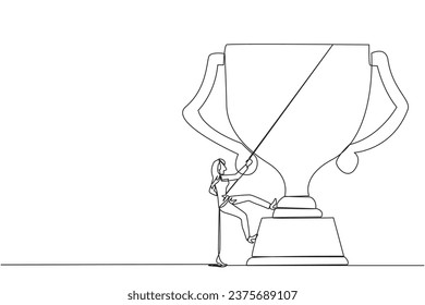 Single one line drawing businesswoman climbing the trophy with rope. Expanding branding by winning many awards. Connecting relationships. Mutual benefit. Continuous line design graphic illustration