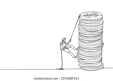 Single one line drawing businesswoman climbs stack of coins with rope. The entrepreneur trying hard climbing the rope to reach top of coins. Better future. Continuous line design graphic illustration