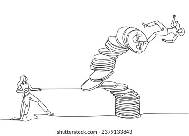 Single one line drawing businesswoman pull one of piles of coins who made the person on top fall. Business fraud. Misappropriation of office money. Traitor. Continuous line design graphic illustration