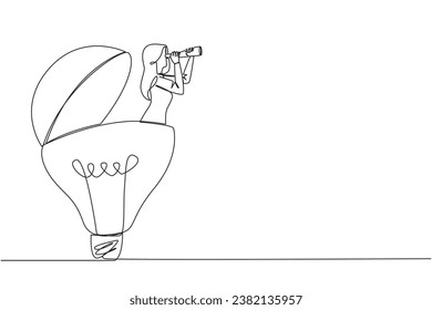 Single one line drawing businesswoman comes out of lightbulb look for something through binoculars. Looking for inspiration. Look around for bright ideas. Continuous line design graphic illustration