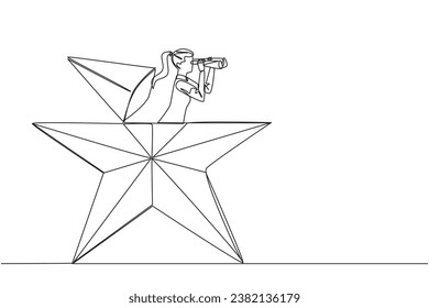 Single one line drawing businesswoman out of star shape looking for something through binoculars. Looking for colleagues to achieve success together. Continuous line design graphic illustration