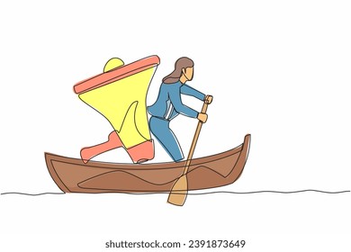 Single one line drawing businesswoman sailing away on boat with megaphone. Command leader, control through megaphone, leadership and teamwork. Continuous line draw design vector graphic illustration