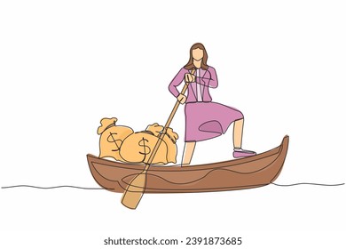 Single one line drawing of businesswoman sailing away on boat with money bag. Office worker escape with money. Financial success and profit concept. Continuous line design graphic vector illustration