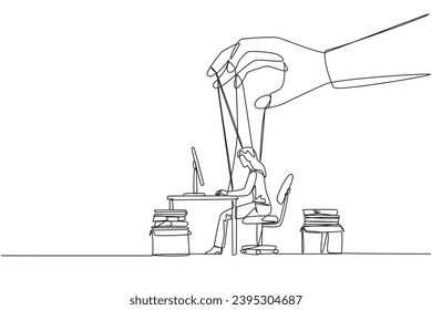 Single one line drawing businesswoman typing on a laptop, hands moved by ropes. Has no policies and authority. Like a puppet that must obey. Obedience. Continuous line design graphic illustration