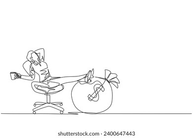 Single one line drawing businesswoman sitting relaxed in a work chair while holding a mug. Foot resting on the big money bag. Enjoying tremendous success. Continuous line design graphic illustration