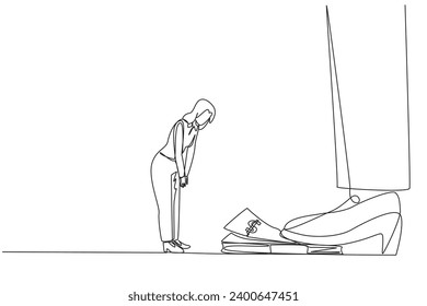 Single one line drawing businesswoman nodded in front of giant foot stepping on wad of banknotes. Failed to get bonus. Didn't reach the target. Regret. Continuous line design graphic illustration