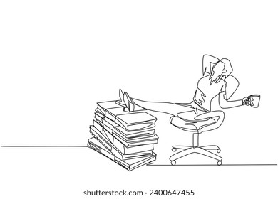 Single one line drawing businesswoman sitting relaxed in a work chair while holding mug. Foot resting on stacks of banknotes. Too many profit to be gained. Continuous line design graphic illustration