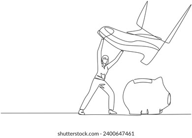 Single one line drawing businesswoman holds back giant foot wants to step on piggy bank. Protect company assets at all costs. In order to maintain profits. Continuous line design graphic illustration