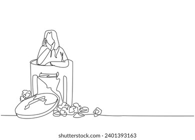 Single one line drawing a businesswoman is in the trash can. Poor mentality. Lost and wrong in everything. Business collapsed. Falling into debt everywhere. Continuous line design graphic illustration