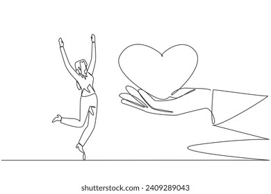 Single one line drawing the businesswoman is happy to get love from the giant hand. Gain high trust. Can't be wasted. For business progress. Smart work. Continuous line design graphic illustration