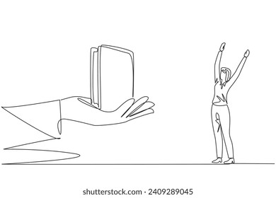 Single one line drawing the businesswoman was excited to get a wallet from the giant hand. There is a bonus in every trust given. Always work with pleasure. Continuous line design graphic illustration svg