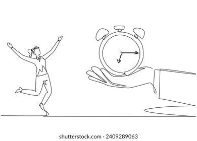 Single one line drawing businesswoman was excited to get alarm clock from a giant hand. Additional time to complete daily reports. Must always make profit. Continuous line design graphic illustration