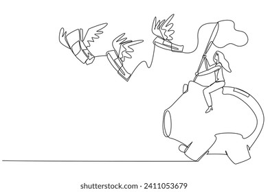 Single one line drawing businesswoman riding piggy bank catching flying banknotes. Hit by a financial crisis. Unstable finances. Trying to get capital. Continuous line design graphic illustration