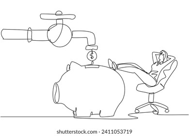 Single one line drawing businesswoman sit relax on chair to see money faucet flow into savings piggy bank. Huge financial benefits. Free from debt. Success. Continuous line design graphic illustration