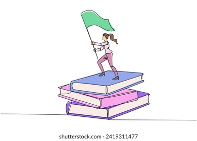 Single one line drawing of businesswoman standing on stacks of giant books raising flag. Reading improves her skills in business world to become a successful entrepreneur. Continuous line design