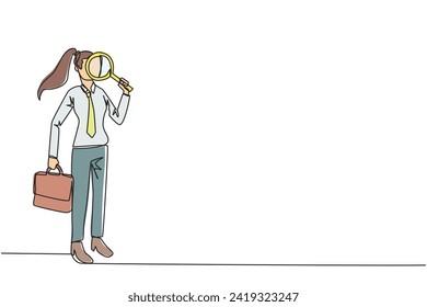 Single one line drawing of businesswoman stood holding magnifier and the other holding briefcase. Look for the smallest possible opportunities for profit that can be exploited. Continuous line design