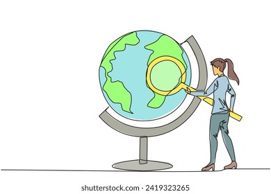 Single one line drawing of businesswoman stood holding the magnifier and inspected the globe. Map out good territory to create and develop new ventures. Continuous line design graphic illustration