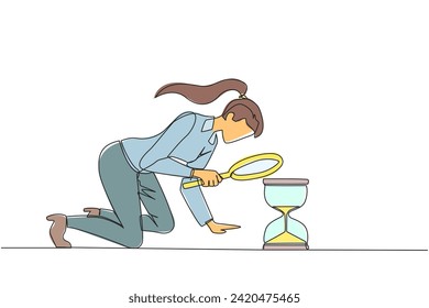 Single one line drawing businesswoman holding magnifying glass looking at hourglass. Businesswoman lack of time to running a business. Bad time management. Continuous line design graphic illustration